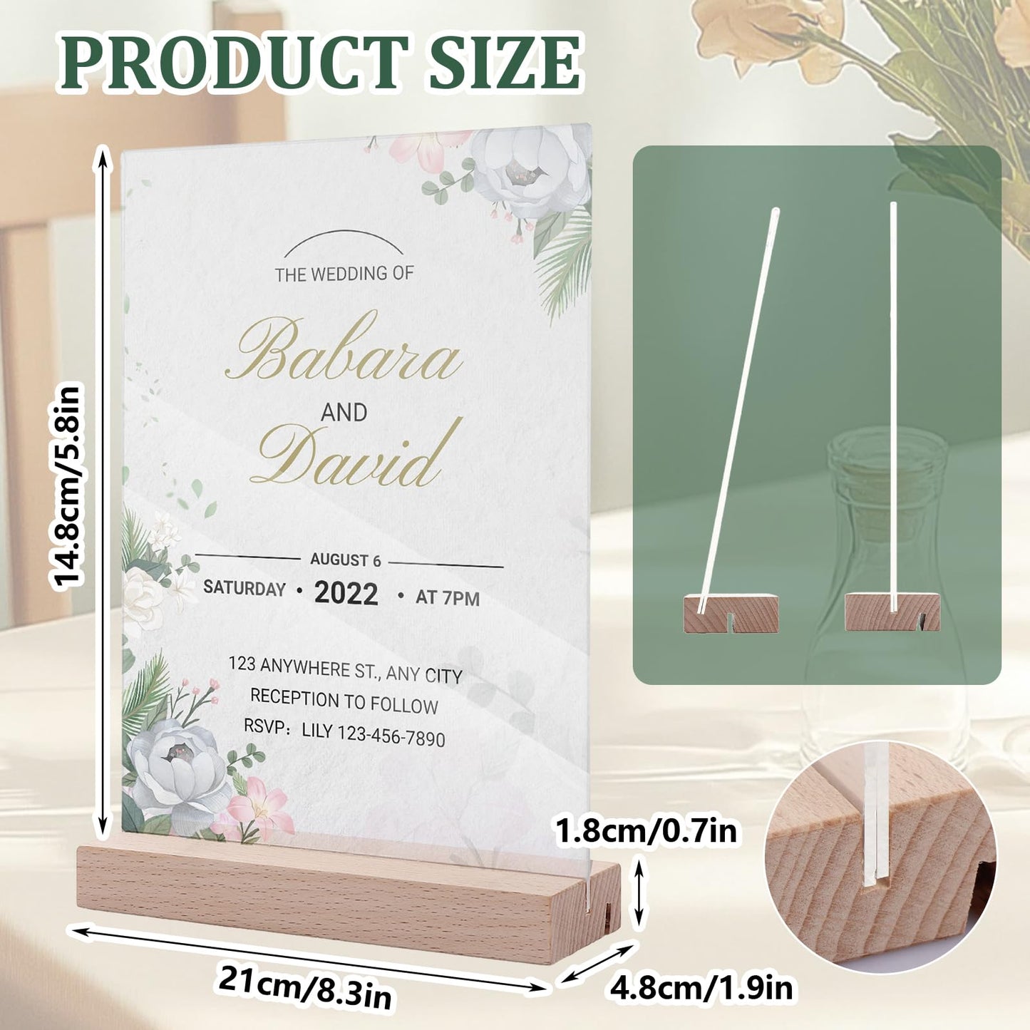 6 Pack 5 x 7 Acrylic Sign Holder with Wood Base, L/T Shape Clear Display Stand Menu Flyer Holder for Office, Wedding, Restaurants, Hotels