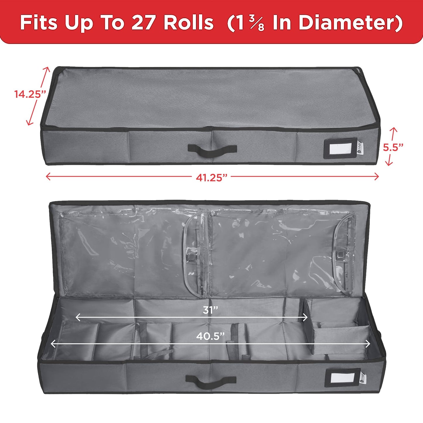Wrapping Paper Storage Container – Fits up to 27 Rolls 1 3/8” Diam. - Underbed Gift Wrap Organizer Bags, Wrapping Paper Rolls, Ribbon, and Bows - Under Bed- Durable Material 600D - Up to 40” Rolls