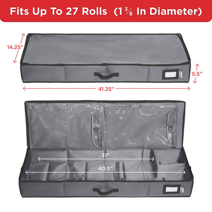 Wrapping Paper Storage Container – Fits up to 27 Rolls 1 3/8” Diam. - Underbed Gift Wrap Organizer Bags, Wrapping Paper Rolls, Ribbon, and Bows - Under Bed- Durable Material 600D - Up to 40” Rolls