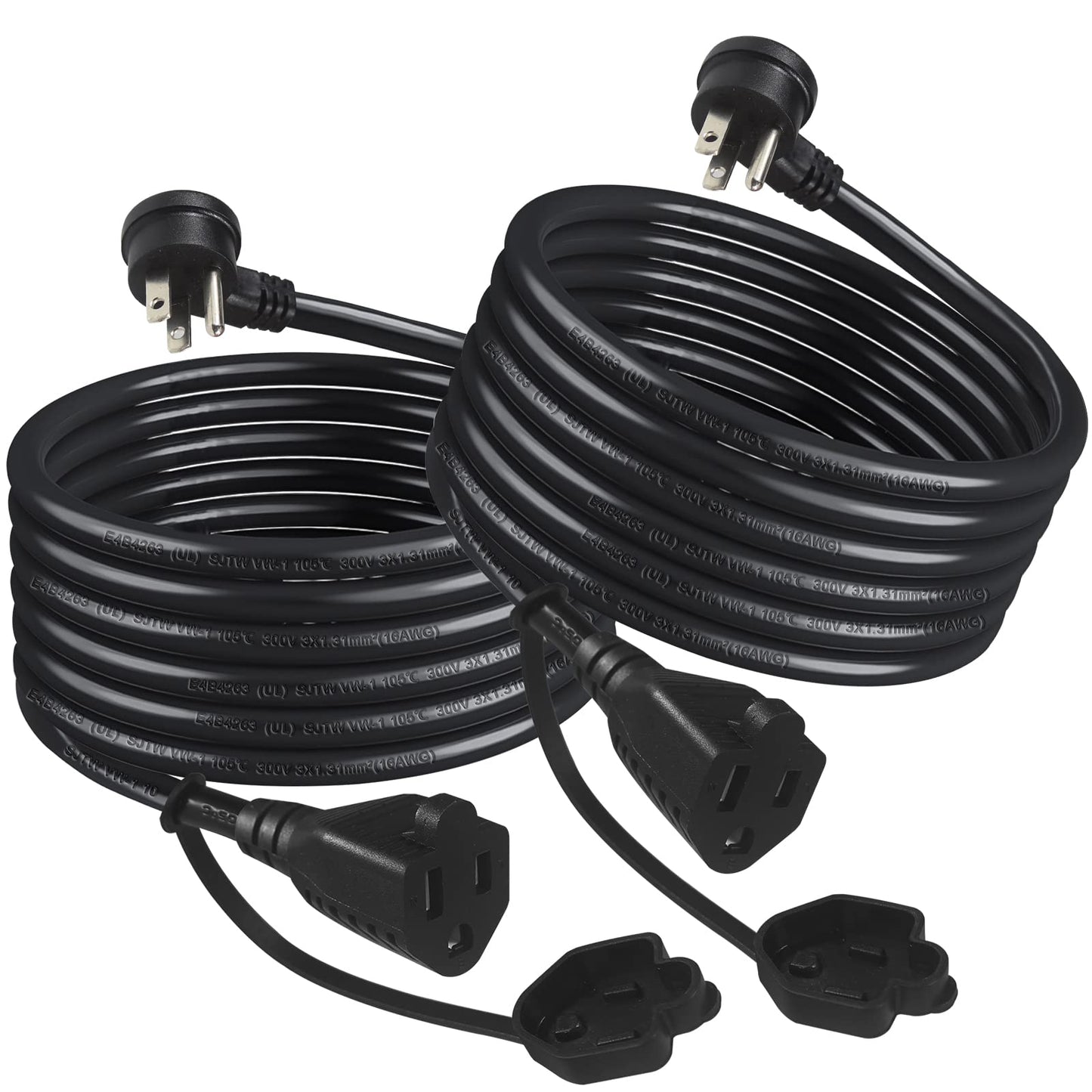 Outdoor Extension Cord, 2-Pack, 1.8 m Black Power Cable, 16 Gauge SJTW, 3-Prong Flat Plug,Weatherproof (6FT 2PACK)