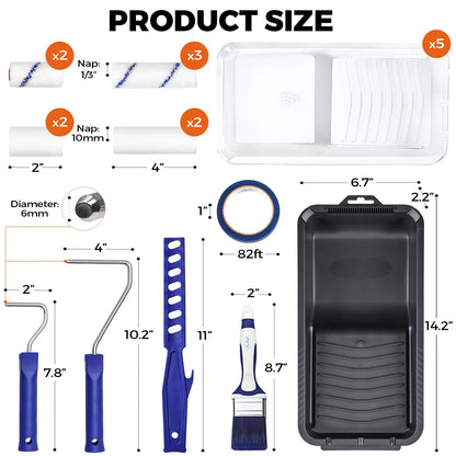 20pcs Small Paint Roller Kit, PinStone 4 inch 2 inch Paint Roller Brush Kit with Foam, Microfiber Covers & Heavy-Duty Paint Tray, Mini Rollers for Painting Walls, Cabinet, Touch-ups Supplies