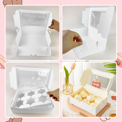 20 PCS White Paper Cupcake Boxes with 6 Cavity Cookie Gift Boxes with Clear Window 6 Treat Holder Cupcake Containers Bakery Cake Box for Birthday Party Bakery Supplies