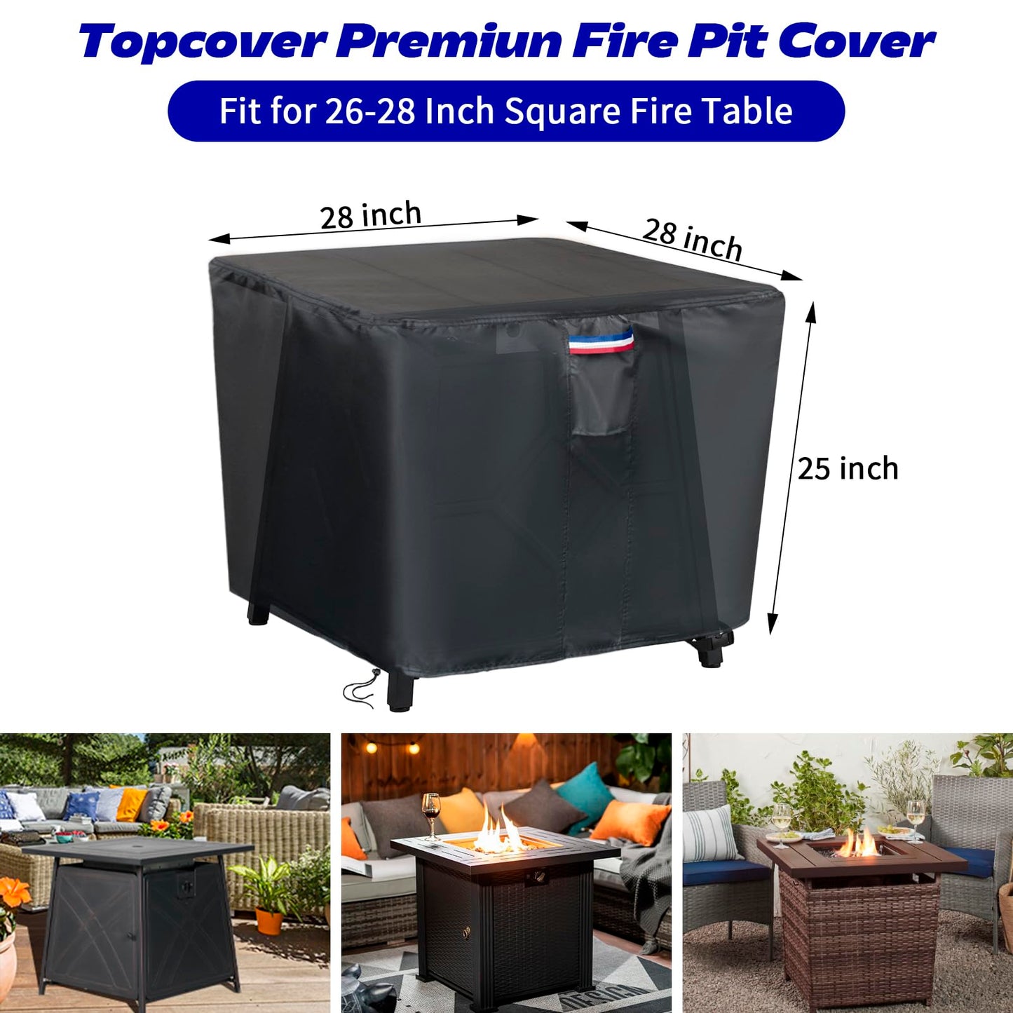 Topcover Propane Fire Pit Cover, 28 Inch Waterproof 600D Outdoor Gas Fire Table Cover for 26-28 Inch Firepit Table (Black - 28" x 28"W x25"H)