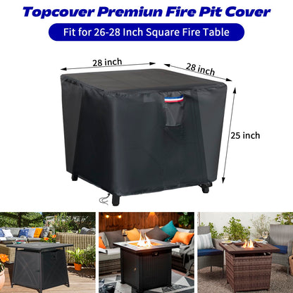 Topcover Propane Fire Pit Cover, 28 Inch Waterproof 600D Outdoor Gas Fire Table Cover for 26-28 Inch Firepit Table (Black - 28" x 28"W x25"H)