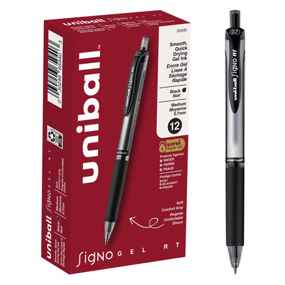 uni-ball Signo RT Rollerball Gel, Gel Retractable Roller Ball Pen Medium-0.7mm, 12 Pack, Black Ink (65940)