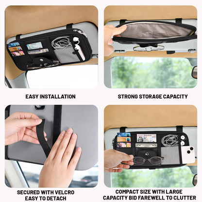 Yuan & Chuang Car Visor Organizer, Sun Visor Storage Pouch with Zipper, Lightweight Car Organizer for Cards, Glasses and Documents, PU Leather, Road Trip Essentials, Fits Most Vehicles, Black (1 Pack)