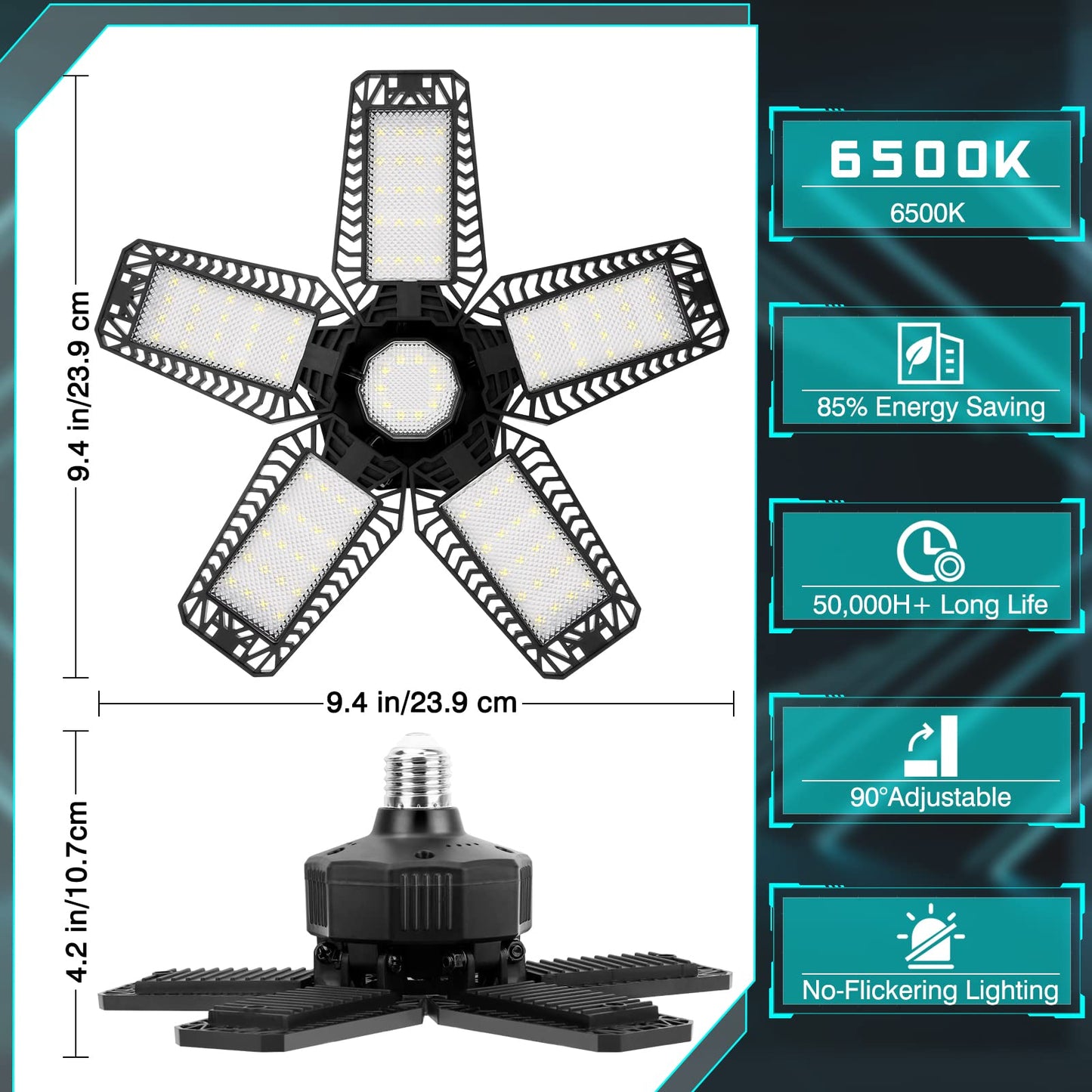 YIBEYYDS LED Garage Light - 160W 16000LM 6500K LED Garage Ceiling Lights, Screw in Shop Lighting 5+1 Deformable Panels for Attic, Basement, Workshop, E26/E27 (1)