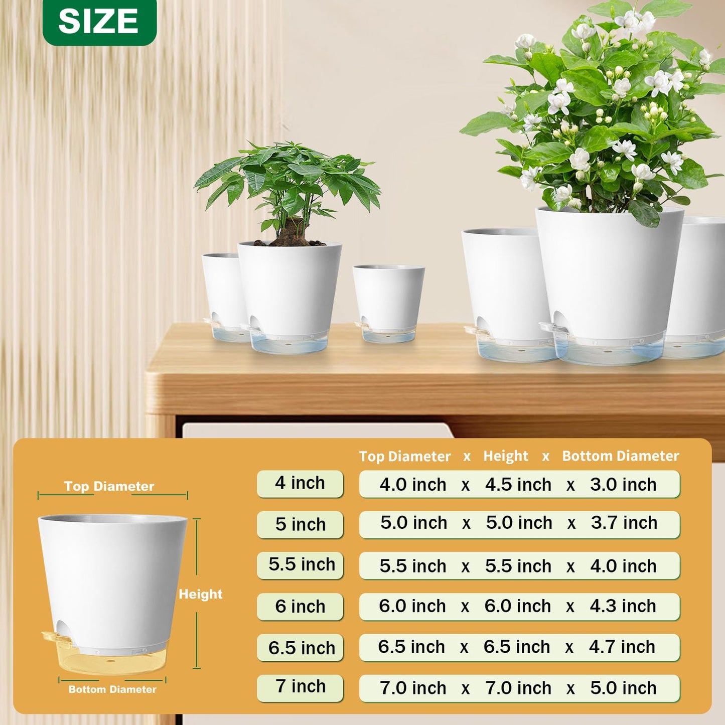 6 Pack Plant Pots with Clear Reservoirs 7/6.5/6/5.5/5/4 Inch Self Watering Planters for Indoor Plants Visible Water Level Flower Pots Rope and Drainage Holes for Home Garden(White)