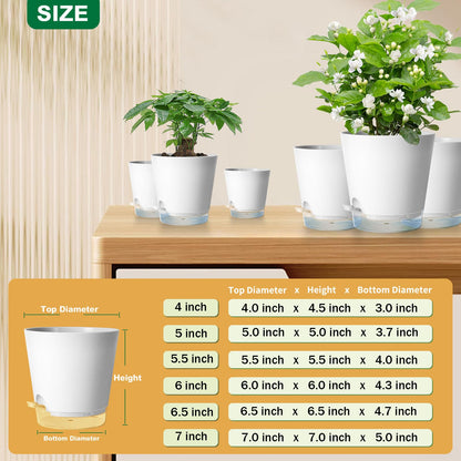 6 Pack Plant Pots with Clear Reservoirs 7/6.5/6/5.5/5/4 Inch Self Watering Planters for Indoor Plants Visible Water Level Flower Pots Rope and Drainage Holes for Home Garden(White)