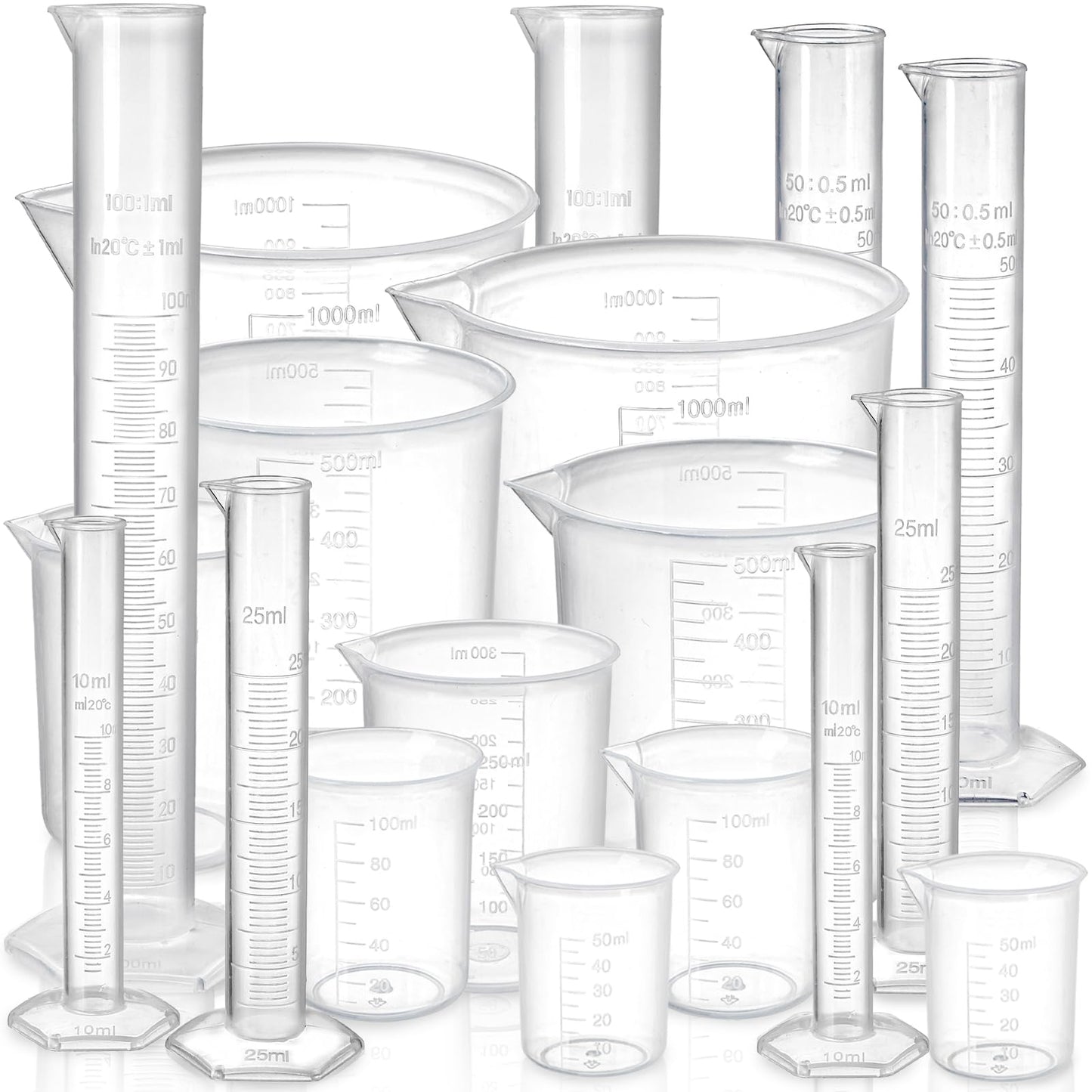 Bekith 18 Pack Plastic Clear Graduated Cylinders and Measuring Beakers Set, 10ml, 25ml, 50ml, 100ml Cylinders with 50ml, 100ml, 250ml, 500ml, 1000ml Beakers