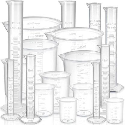 Bekith 18 Pack Plastic Clear Graduated Cylinders and Measuring Beakers Set, 10ml, 25ml, 50ml, 100ml Cylinders with 50ml, 100ml, 250ml, 500ml, 1000ml Beakers