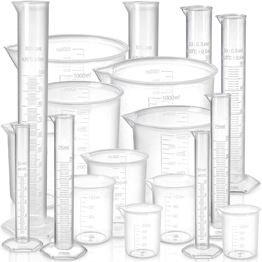 Bekith 18 Pack Plastic Clear Graduated Cylinders and Measuring Beakers Set, 10ml, 25ml, 50ml, 100ml Cylinders with 50ml, 100ml, 250ml, 500ml, 1000ml Beakers