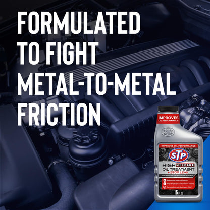 STP High Mileage Oil Treatment + Stop Leak Engine Oil Additive, 15 fl oz, Contains ZDDP Anti-Wear Agent to Fight Friction, Rejuvenates Seals and Gaskets, Stops Leaks