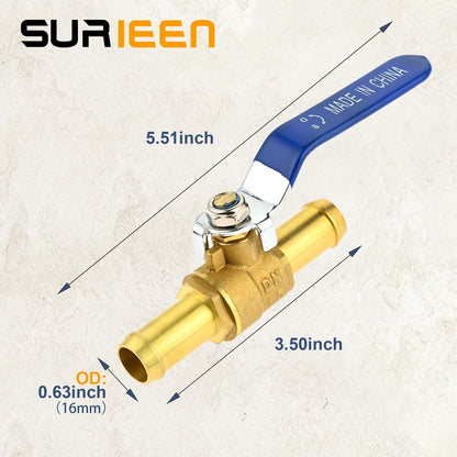 SURIEEN Brass Hose Barb Ball Valve Kit, 2pcs 5/8" Heater Hose Shut Off Valve with Stainless Steel Clamps, Brass Barb Air Ball Valve for Water Oil Gas Fuel Shut Cut Off 16mm Pex Tubing