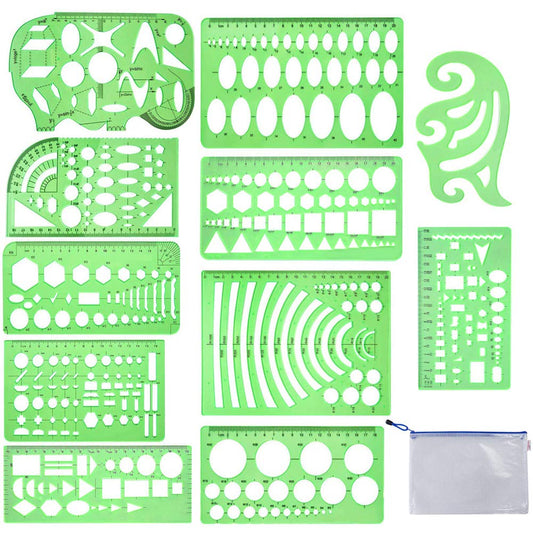 11 Pieces Geometric Drawings Templates Stencils Plastic Measuring Template Rulers Clear Green Shape Template for Drawing Engineering Drafting Building School Office Supplies