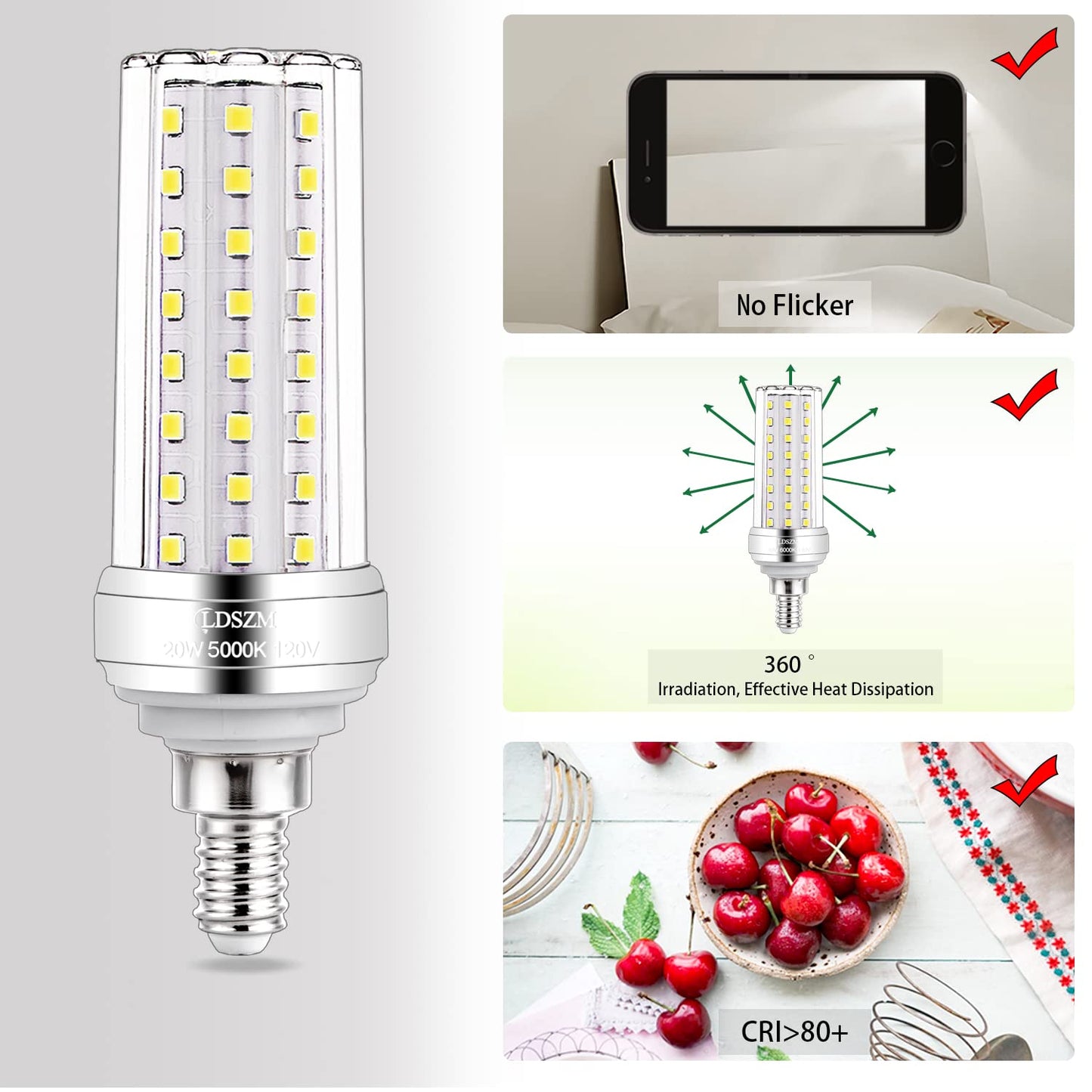 E12 LED Corn Light Bulbs[4.4in*1.18in], 20W E12 LED Bulb 150W Equivalent 2000 Lumen 5000K Cool Daylight White Non-dimmable Chandelier Light Bulbs Pack of 3