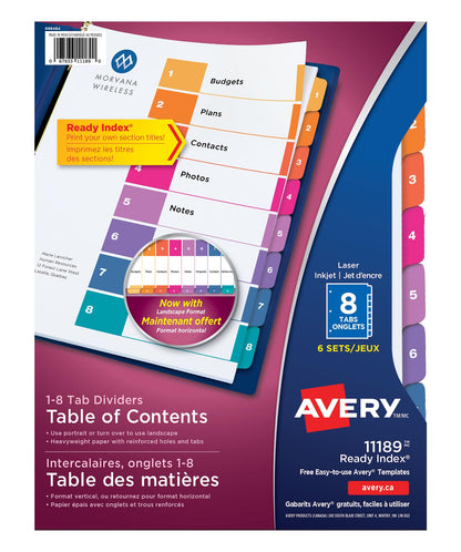 Avery Ready Index Table of Content Dividers for Laser and Inkjet Printers, 8 tabs, Multi-Colour, 6 Sets, (11189)