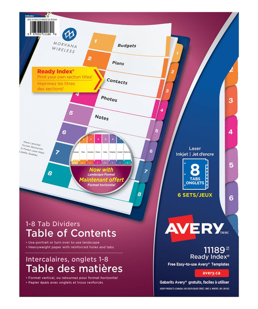 Avery Ready Index Table of Content Dividers for Laser and Inkjet Printers, 8 tabs, Multi-Colour, 6 Sets, (11189)