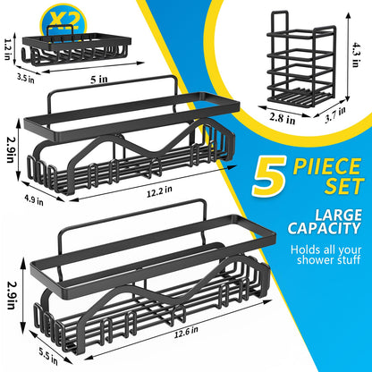 Coraje Adhesive Shower Caddy, 5-Pack Shower Shelves, Large Capacity Load Bearing 40 LBS Shower Organizer, No Drilling Shower Shelf, Rustproof Stainless Steel Bathroom Shower Storage, Black