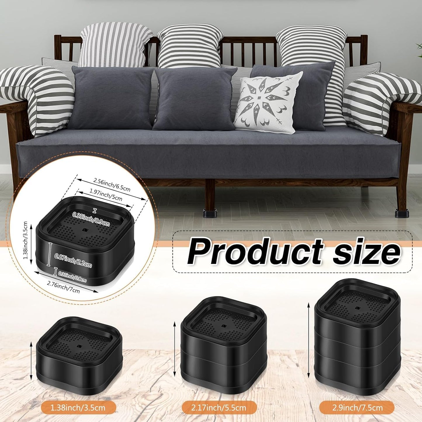 WEZCHUGHAOL 12 Pack Furniture Risers, 1.38" Adjustable Bed Risers Desk Leg Risers, Stackable Heavy Duty Bed Lifts Risers, Square Bed Raising Blocks for Mattress Table Leg Sofa Tables Washing Machine