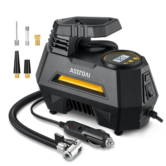 AstroAI Tire Inflator Portable Air Compressor Tire Air Pump for Car Tires - Car Accessories, 9.8Ft Cord 12V DC-Powered Auto Pump with Digital Pressure Gauge, LED Light for Bicycle, Balloons, Yellow