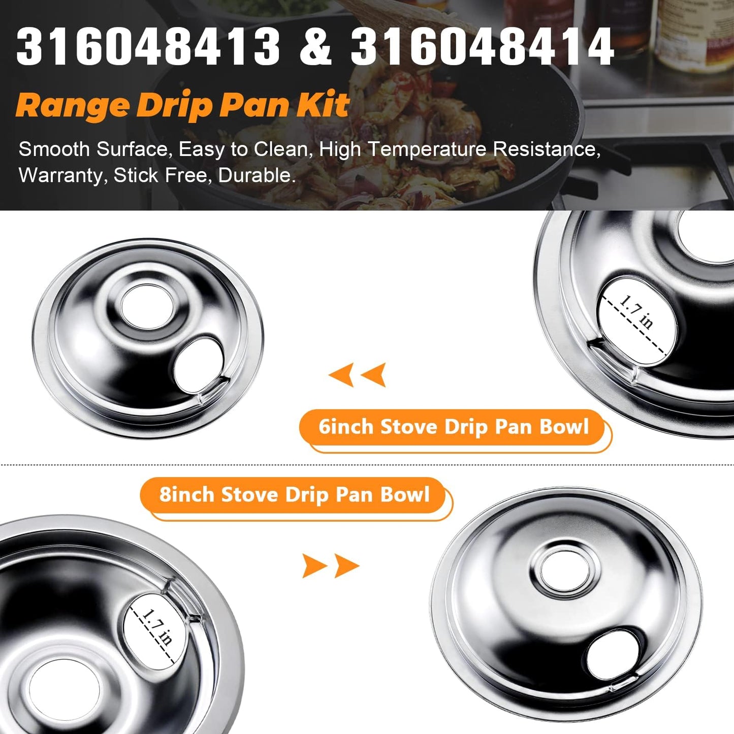 316048413 and 316048414 Chrome Stove Burner Drip Pans Replacement Compatible with Frigidaire Whirlpool Electric Range Include 2 x 6 in, 2 x 8 in