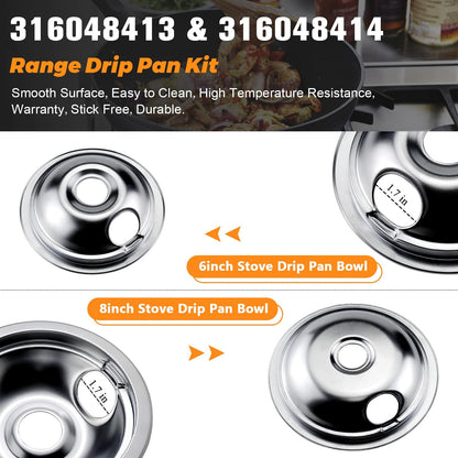 316048413 and 316048414 Chrome Stove Burner Drip Pans Replacement Compatible with Frigidaire Whirlpool Electric Range Include 2 x 6 in, 2 x 8 in