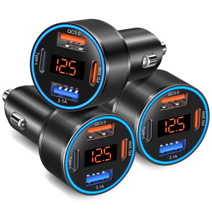 USB C Car Charger 3 Pack, 65W 4-Port Super Fast Car Phone Charger PD+QC 3.0 12V USB Car Charger with Voltage Display Cigarette Lighter Adapter for iPhone 16e 15 14 13 12 Pro Max,Samsung,Android(Black)