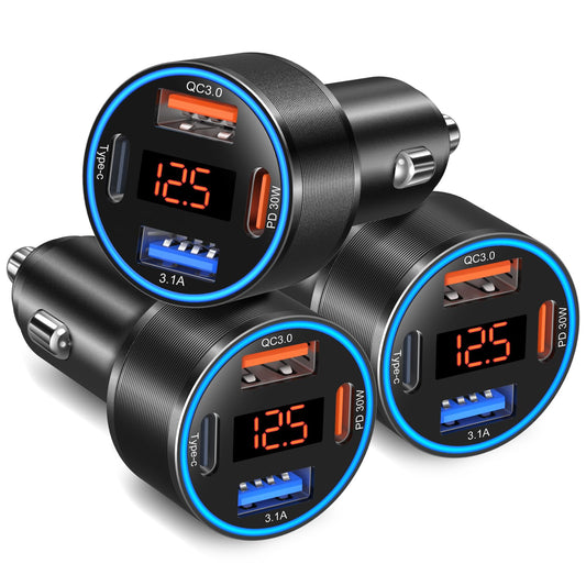 USB C Car Charger 3 Pack, 65W 4-Port Super Fast Car Phone Charger PD+QC 3.0 12V USB Car Charger with Voltage Display Cigarette Lighter Adapter for iPhone 16e 15 14 13 12 Pro Max,Samsung,Android(Black)