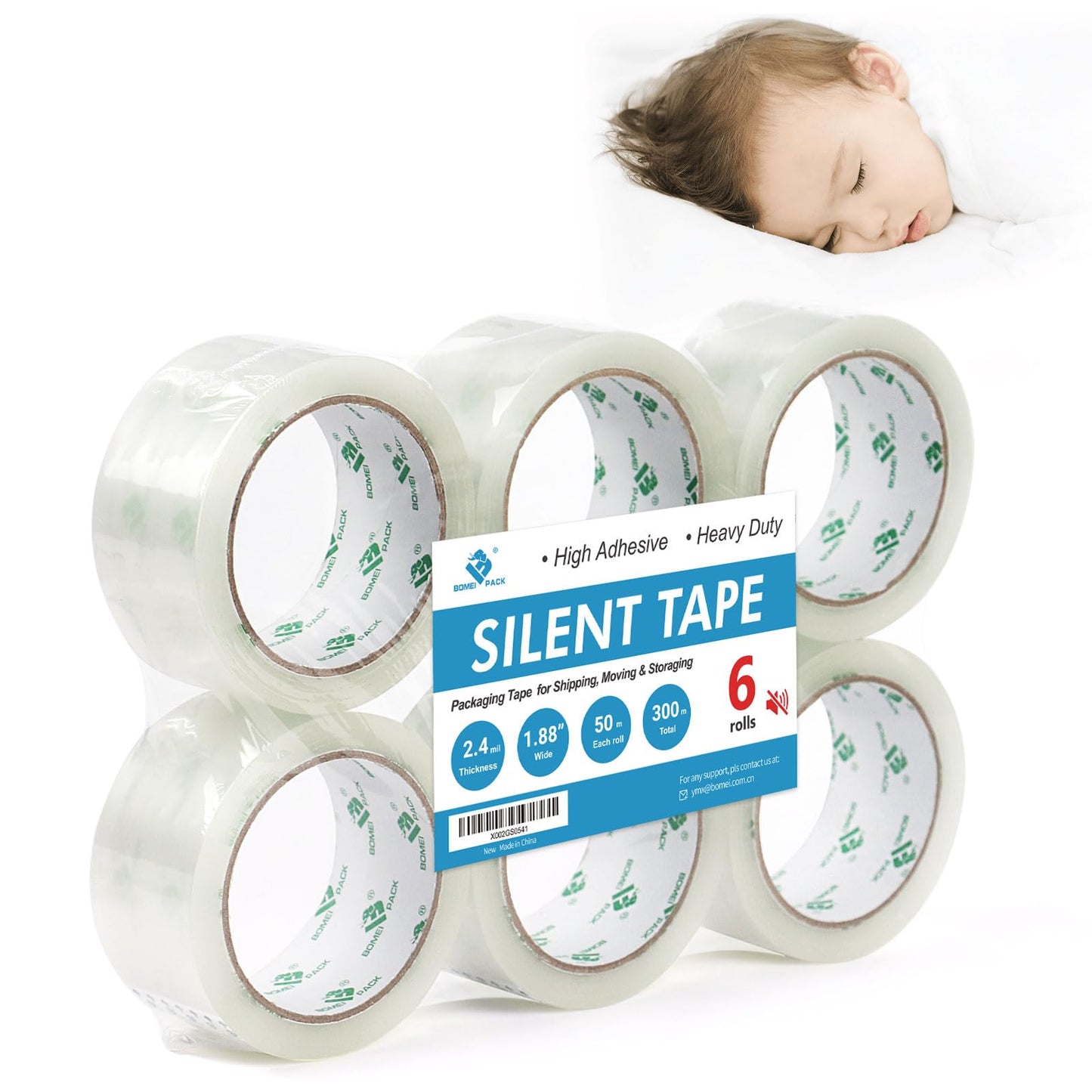 BOMEI PACK Quiet Packing Tape Clear, No Noise Tape, 1.88 Inch x 50m, 6 Rolls