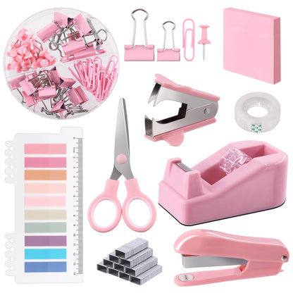 Swpeet 9Pcs Pink Office Supplies Kit, Desk Accessories Including Stapler, Tape Dispenser, Staple Remover, Tabs, Scissors, Staples, Tape, Clips and Sticky Note Ideal for Office and School