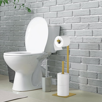 Toilet Paper Holder Stand Flash Gold Free Standing TP Holder, Metal Toilet Paper Roll Holder with Reserve Bathroom Tissue Storage Holder, Beige Gold