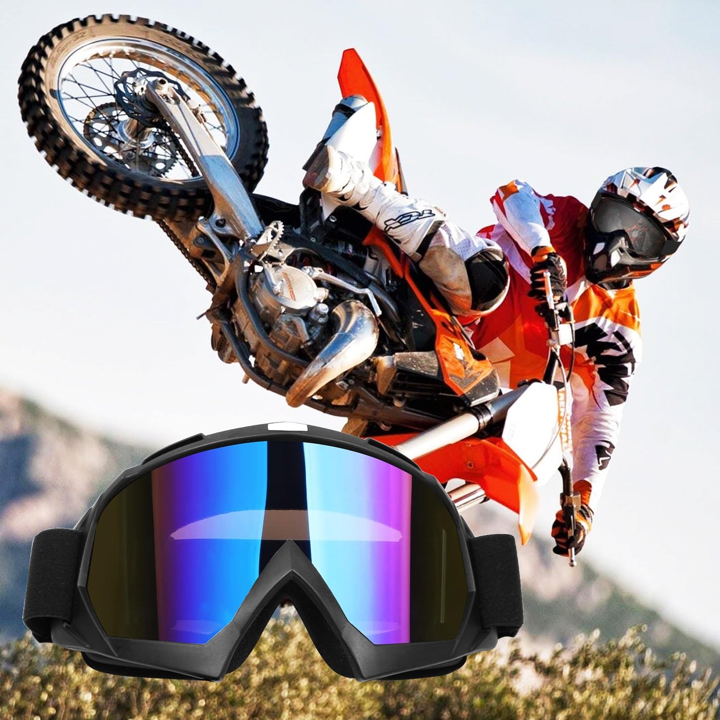 ATV Dirt Bike Goggles 2-Pack for Men Women - Motorcycle Motocross MX Riding UTV Helmet Offroad UV400 Anti-Scratch Fog Dustproof for Adults Youth Kids (Color+Clear)