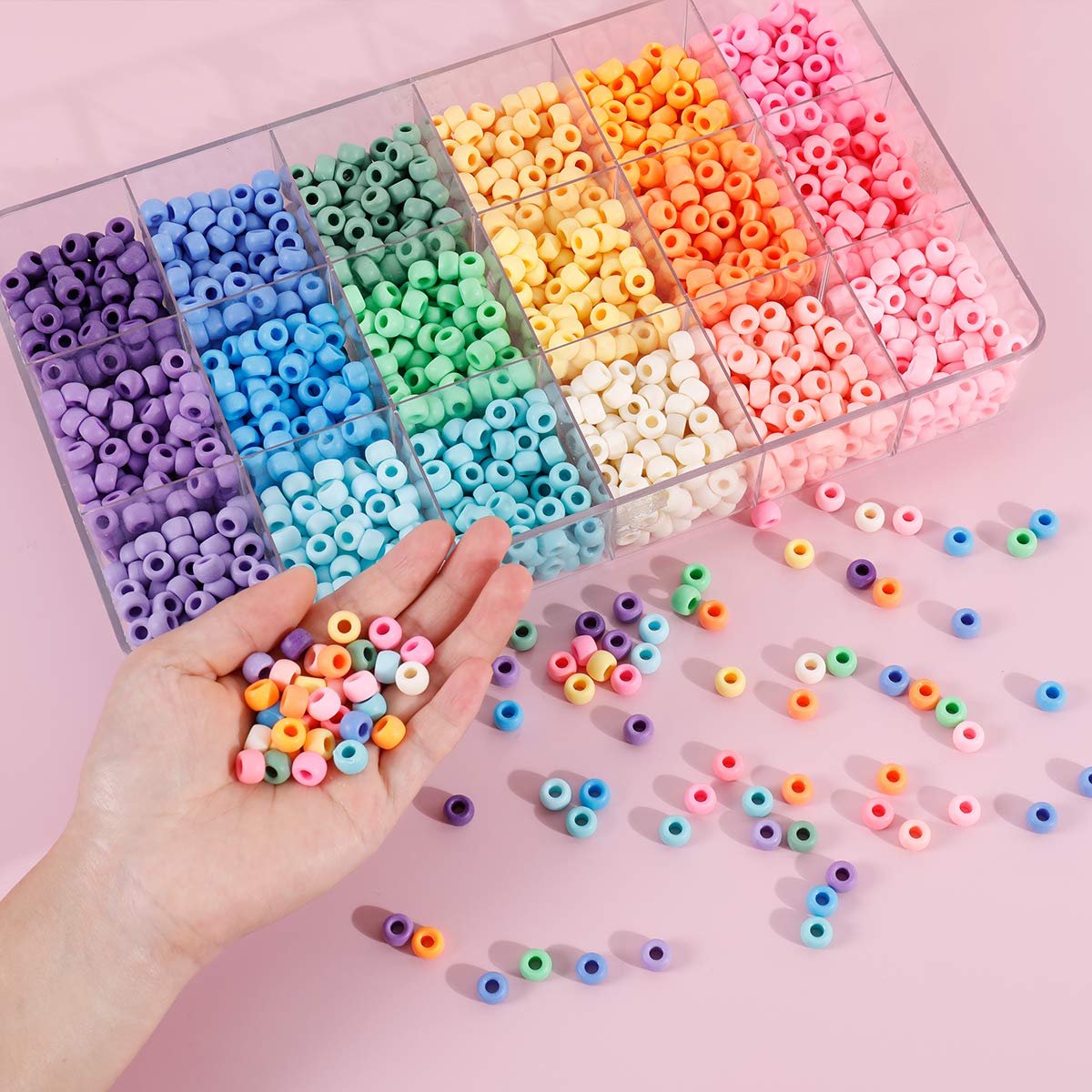 2600+pcs Pony Beads Kit Opaque Matte Rainbow Plastic Craft Multicolor Pony Beads in 18 Colors with Elastic String and Storage Box for Hair Braiding DIY Bracelet Necklace Key Chain and Jewelry Making