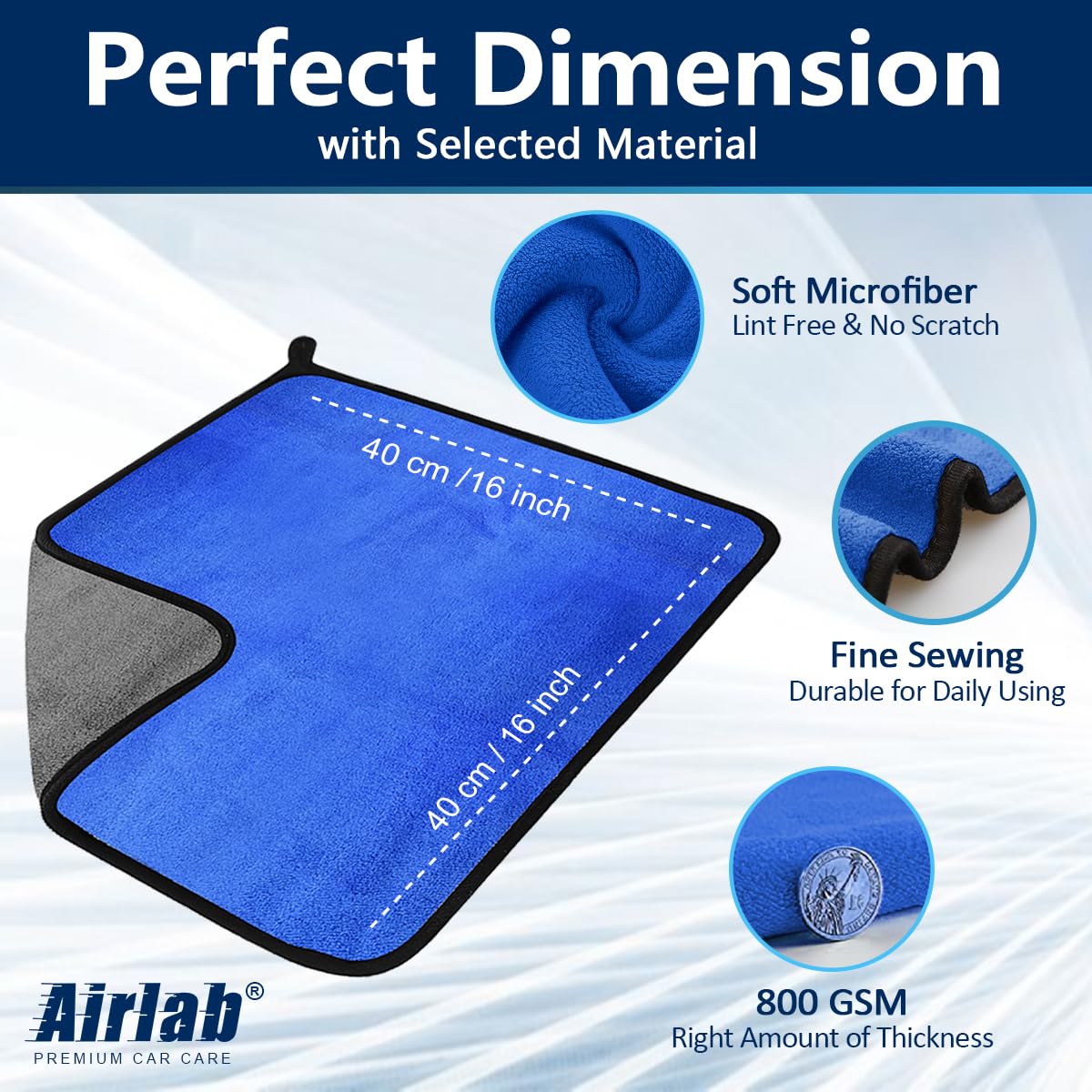 Airlab Microfiber Car Drying Towels 800GSM Thick Plush Cleaning Cloths Auto Detailing Quick Dry Wash Cloth for Interior & Exterior Lint Free, Streak Free, 40 x 40 cm, 4 Pack