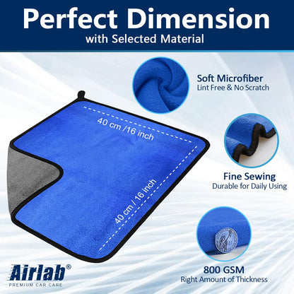 Airlab Microfiber Car Drying Towels 800GSM Thick Plush Cleaning Cloths Auto Detailing Quick Dry Wash Cloth for Interior & Exterior Lint Free, Streak Free, 40 x 40 cm, 4 Pack