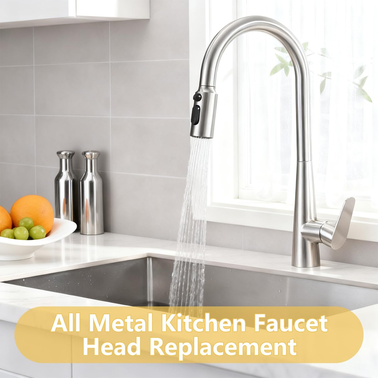 All Metal Kitchen Faucet Head Replacement, 3 Modes Stainless Steel Pull Down Kitchen Sink Sprayer, High Pressure Sink Sprayer Attachment with 14 Adapters Fits Most Common Brands (Brushed Nickel)