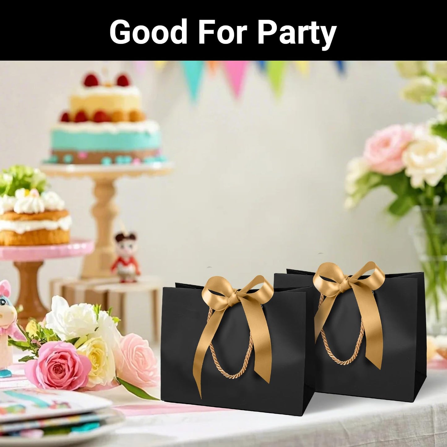 EUSOAR Gift Bags Medium Size, 12pcs 10.6"x3.1"x8.3" Black Kraft Paper Bags with Bow Ribbon Handle, Shopping Thank You Bag Party Favor Gift Treat Bag Bulk for Merchandise Wedding Guests Bridal
