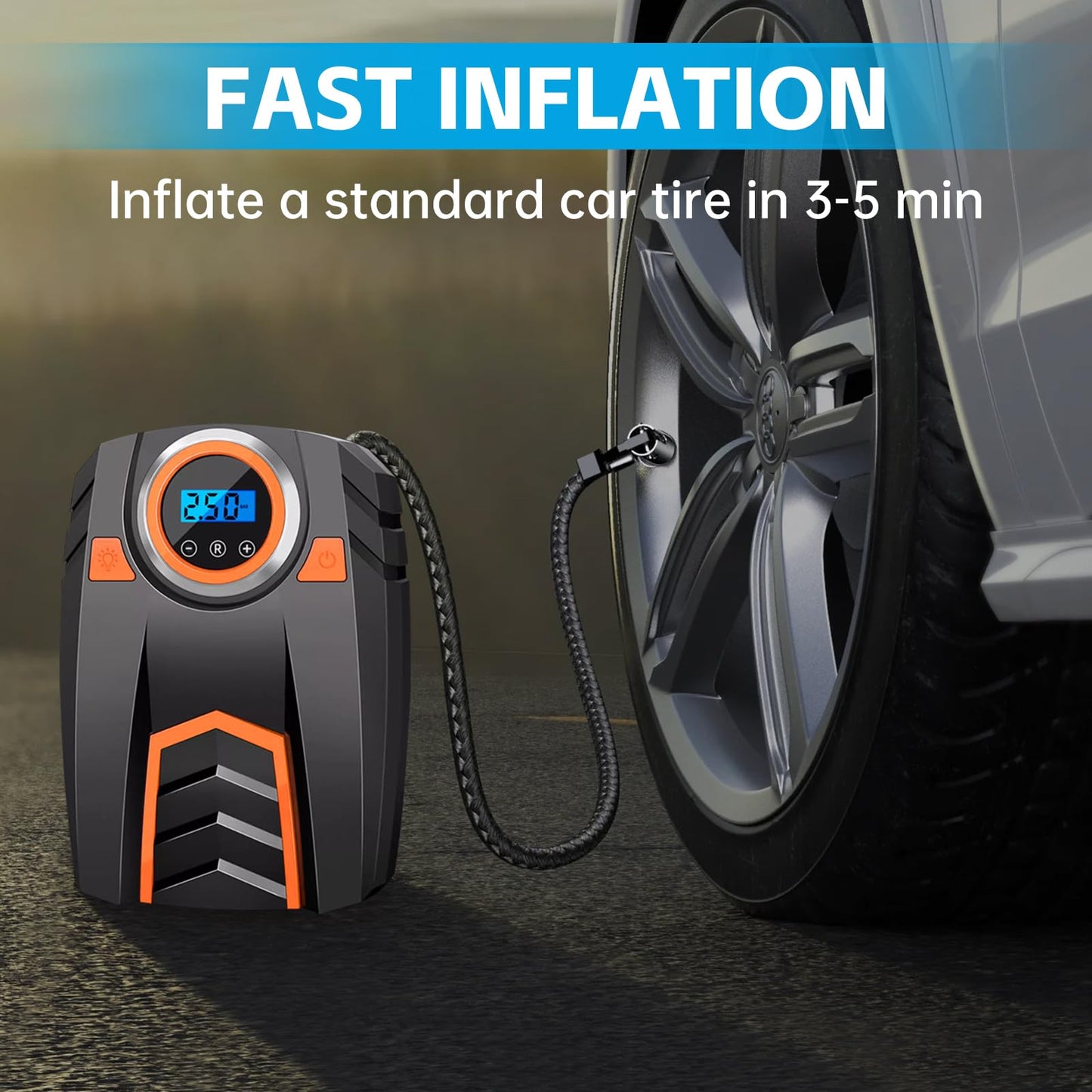 Piwaal Portable Air Compressor for Car Digital Auto Tire Pump Air Pump Tire Inflator for Car Tires and Other Inflatables with LED Light 12V DC (Orange)