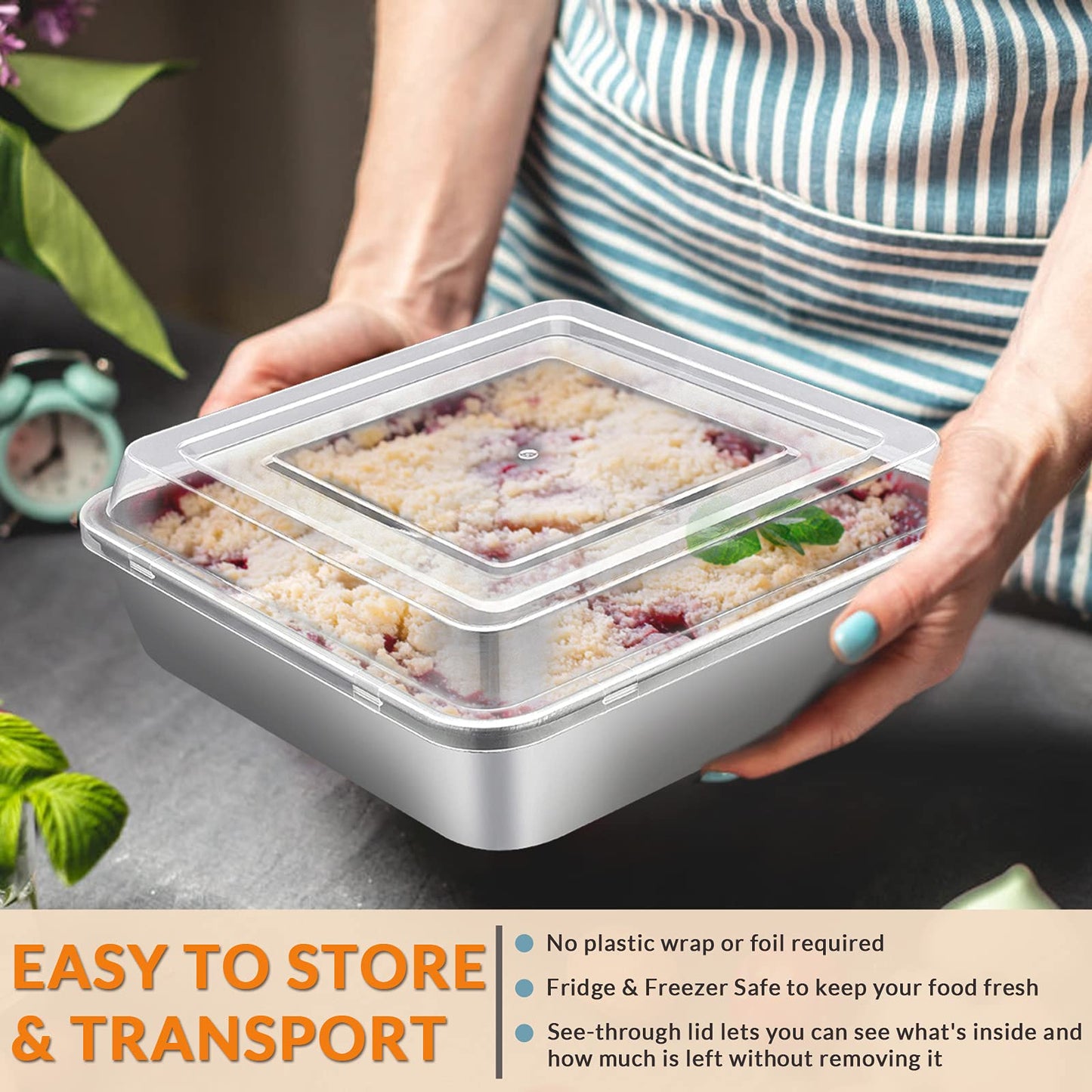 8 x 8-Inch Baking Pan with lid, E-far Square Cake Brownie Baking Pans Stainless Steel Bakeware Set of 2, Non-toxic & Healthy, Easy Clean & Dishwasher Safe - 4 Pieces(2 Pans + 2 Lids)