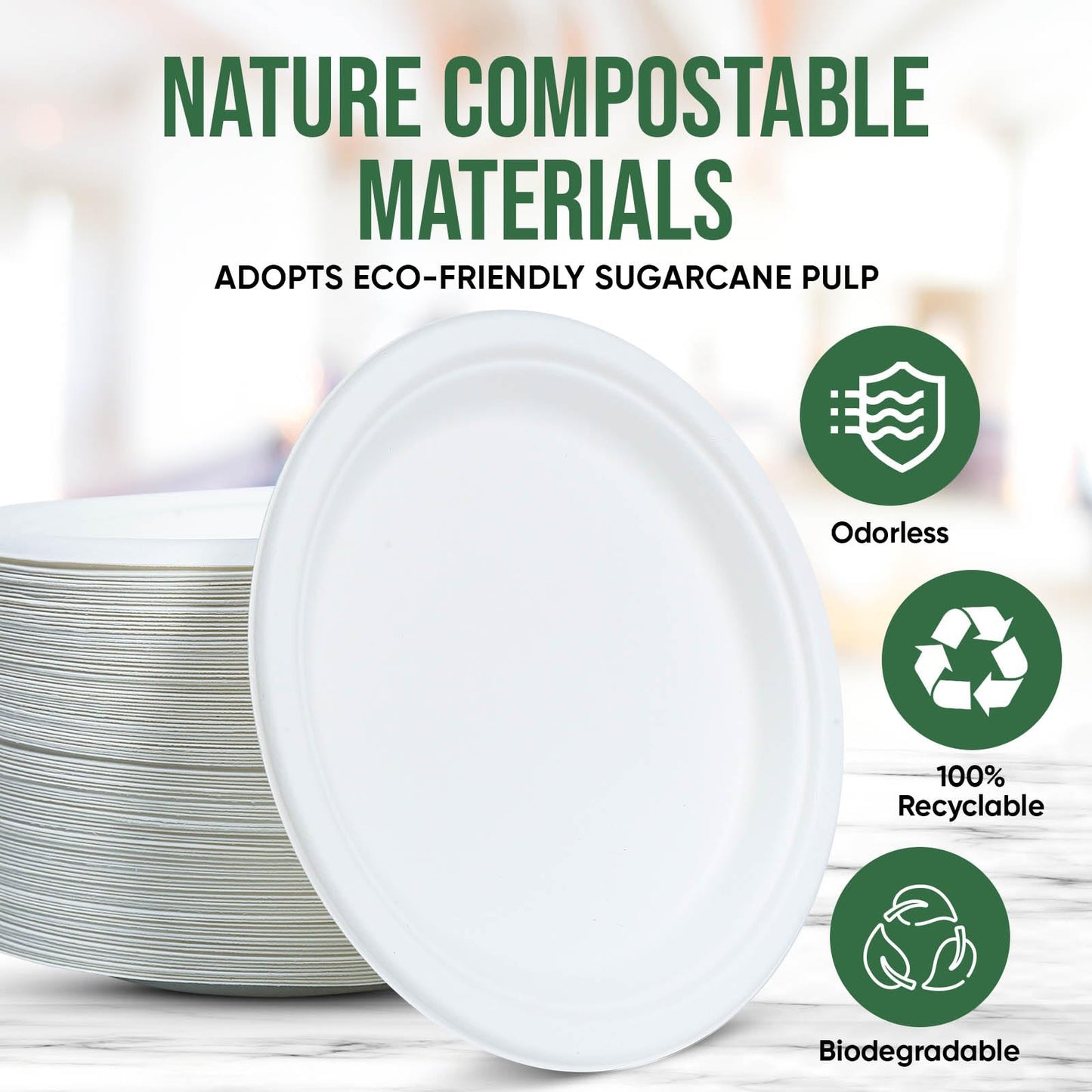 TaidMiao 9 Inch Paper Plates 100 Pack - 100% Compostable Dinnerware | Leak & Grease Resistant Disposable Plates for Parties, Microwavable, Bulk Eco-Friendly - White