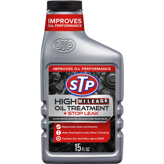 STP High Mileage Oil Treatment + Stop Leak Engine Oil Additive, 15 fl oz, Contains ZDDP Anti-Wear Agent to Fight Friction, Rejuvenates Seals and Gaskets, Stops Leaks