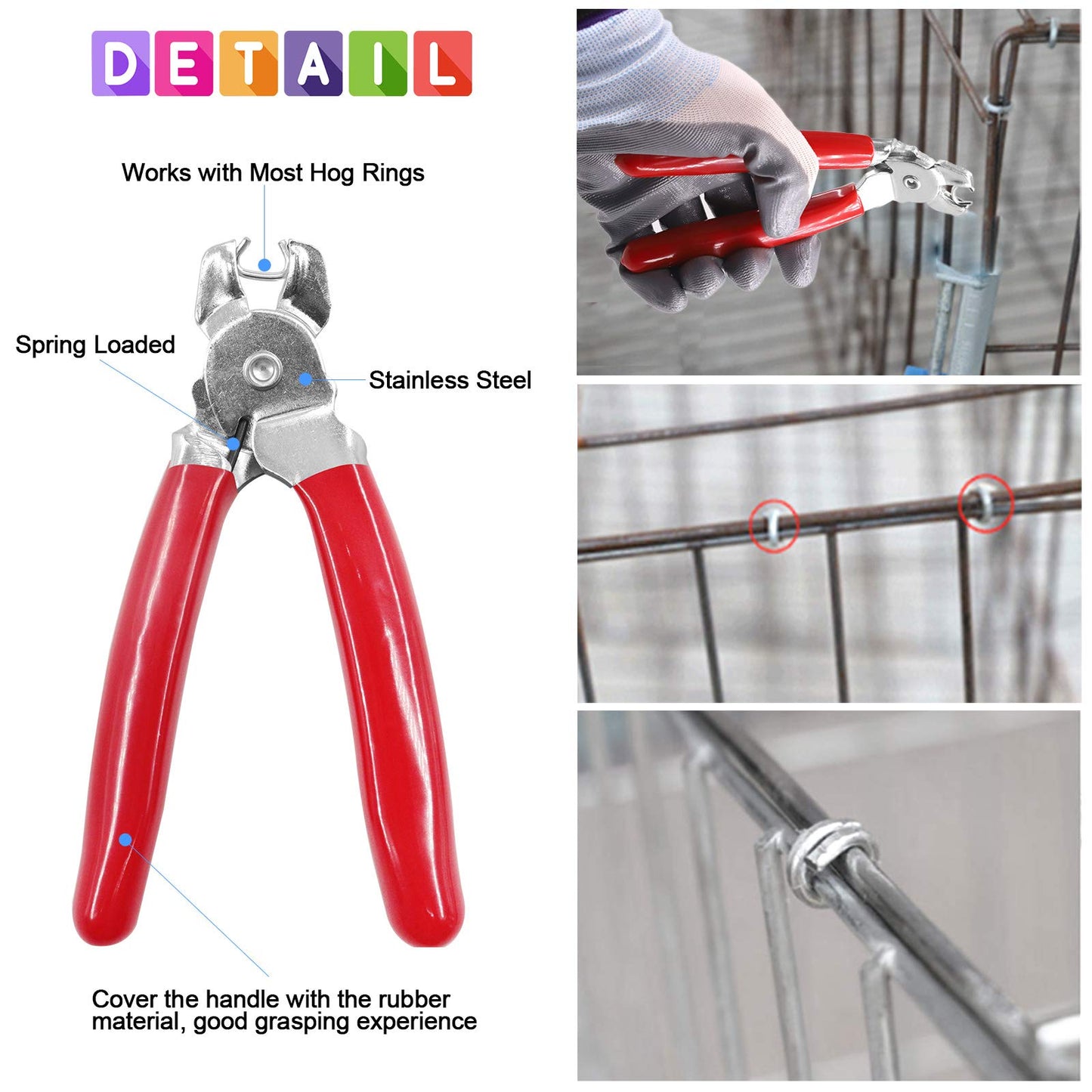 Glarks 362Pcs Hog Ring Pliers Kit with 360Pcs Steel Rings (1/2'' 3/4'' 3/8'') and Anti-Cutting Gloves for Upholstery, Fencing, DIY Craft, Furniture and More