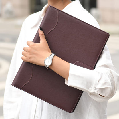 Wonderpool A4 Leather 4 Ring Holder Writing Portfolio Multi Document Case with Removable Binder Clipboard and Functional Pocket for Organizer Office Travel School (Brown)