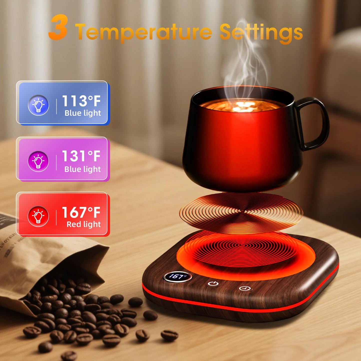 Coffee Mug Warmer Smart Cup Warmer for Desk, Upgrade Coffee Warmer with LED Light, 3 Temperature Control and Auto Shut Off Electric Beverage Warmer for Heating Coffee Milk Tea and Hot Chocolate（Wood）