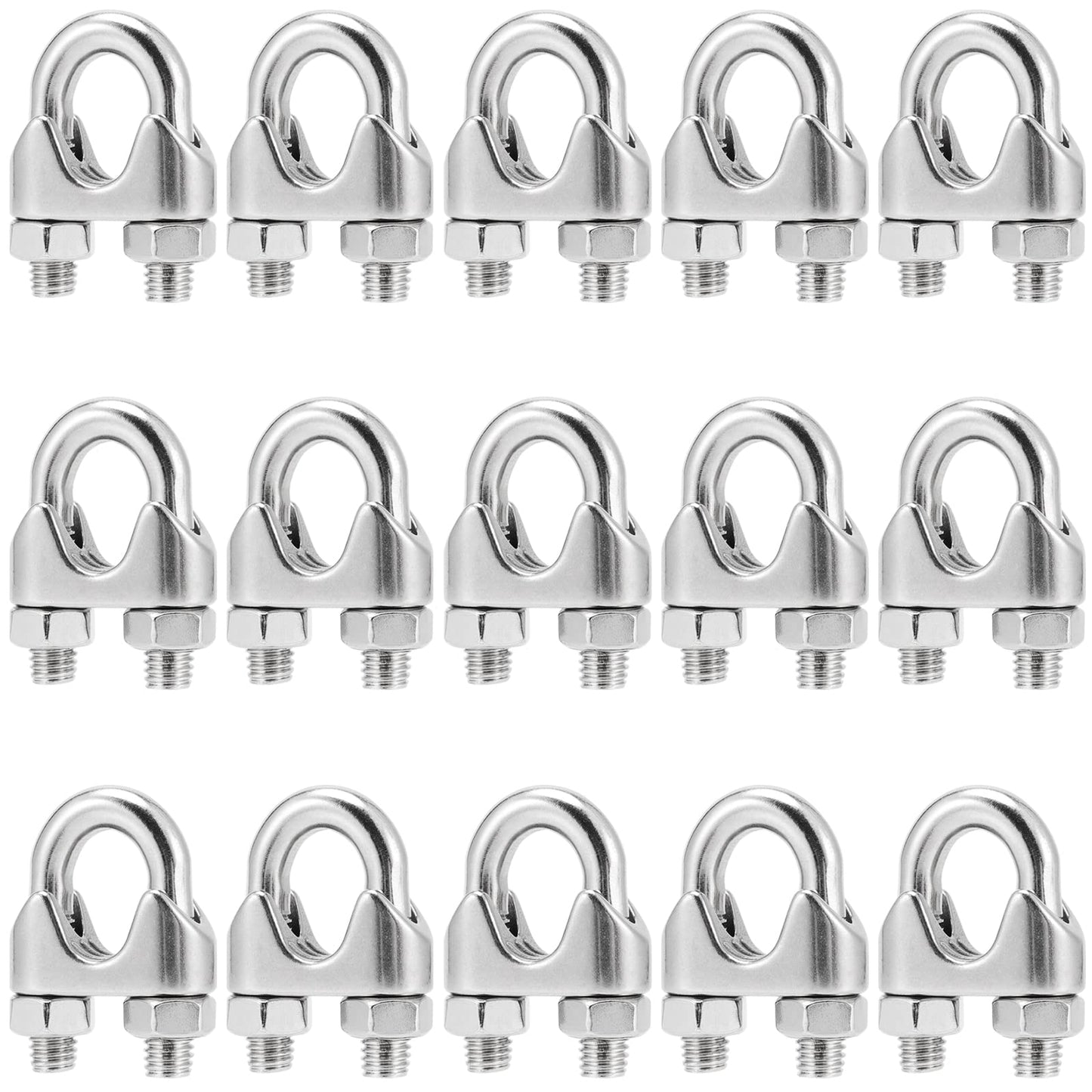 MUKCHAP 15 Pcs M10 3/8 Inch Wire Rope Cable Clip Clamp, Stainless Steel Wire Rope Clip, Metal U Bolt Saddle Fastener, Rigging Hardware, Silver