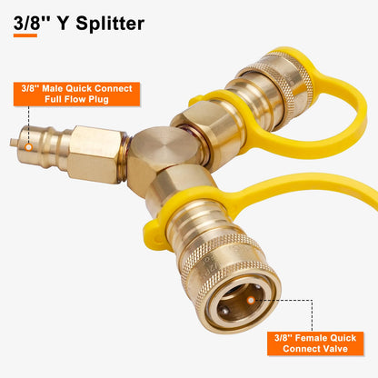 Rushare 3/8" Natural Gas Quick Connect Fittings, Quick Disconnect 3/8" Y Splitter for Natural Gas BBQ, Natural Gas Grill, Fire Pit, 2 Way 3/8" Quick Disconnect