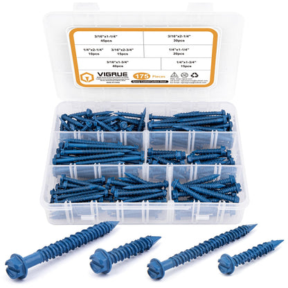 VIGRUE Concrete Screws Assortment Kit 1/4" x 1-1/4" to 2-1/4" and 3/16" x 1-1/4" to 2-3/4" 175PCS Hex Head Cement Screws Set Diamond Point for Anchoring to Masonry, Block or Brick
