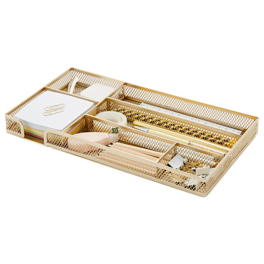 Annova Desk Drawer Organizer Tray for Office Organization - Metal Mesh - Storage Tray with Dividers for Pens, Desktop Accessories, Bathroom, Kitchen, Makeup and Office Supplies (Gold)