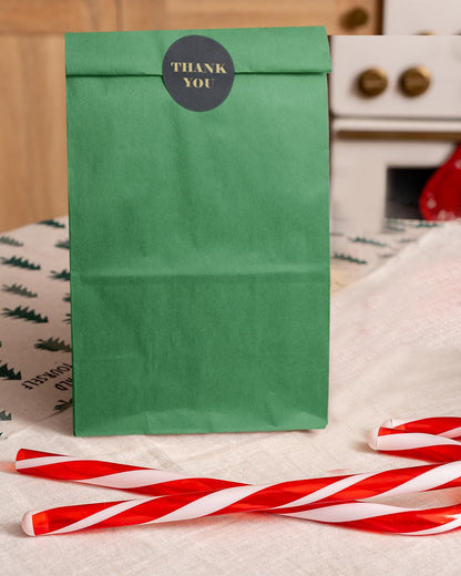 qiqee 100 Pcs Deep Green Treat Paper Bags with 100 Stickers 5.1"x3.1"x9.4" Brown Kraft Small Party Gift Bag without Handle